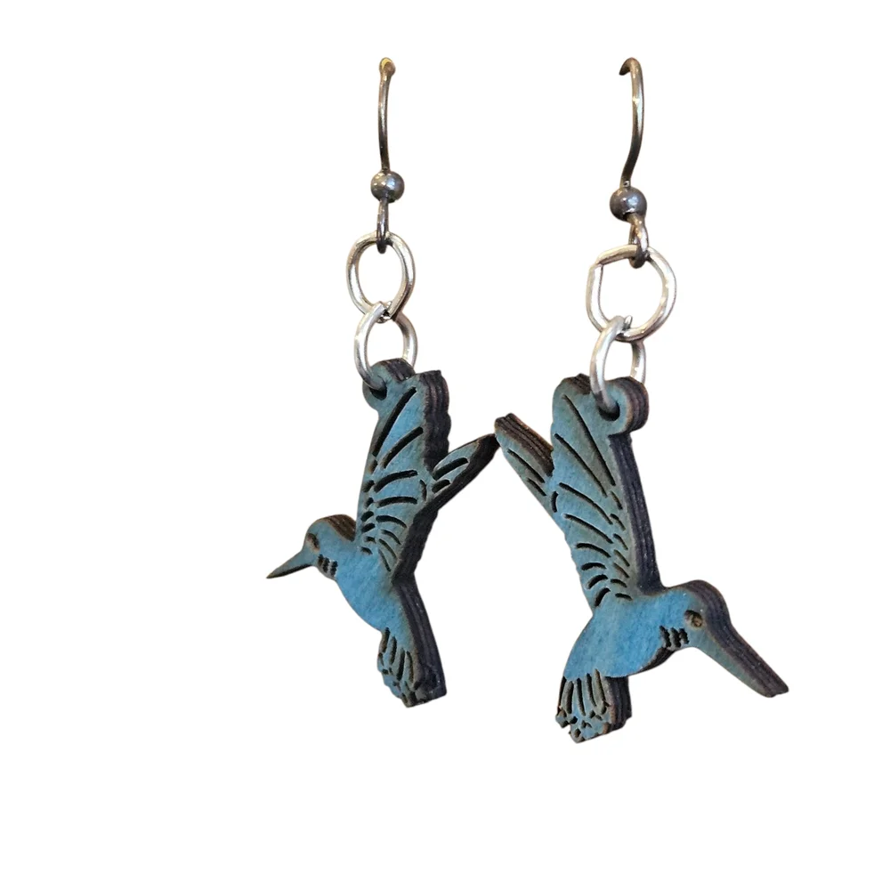 NWT - Handmade Wooden Blue Hummingbird Earrings